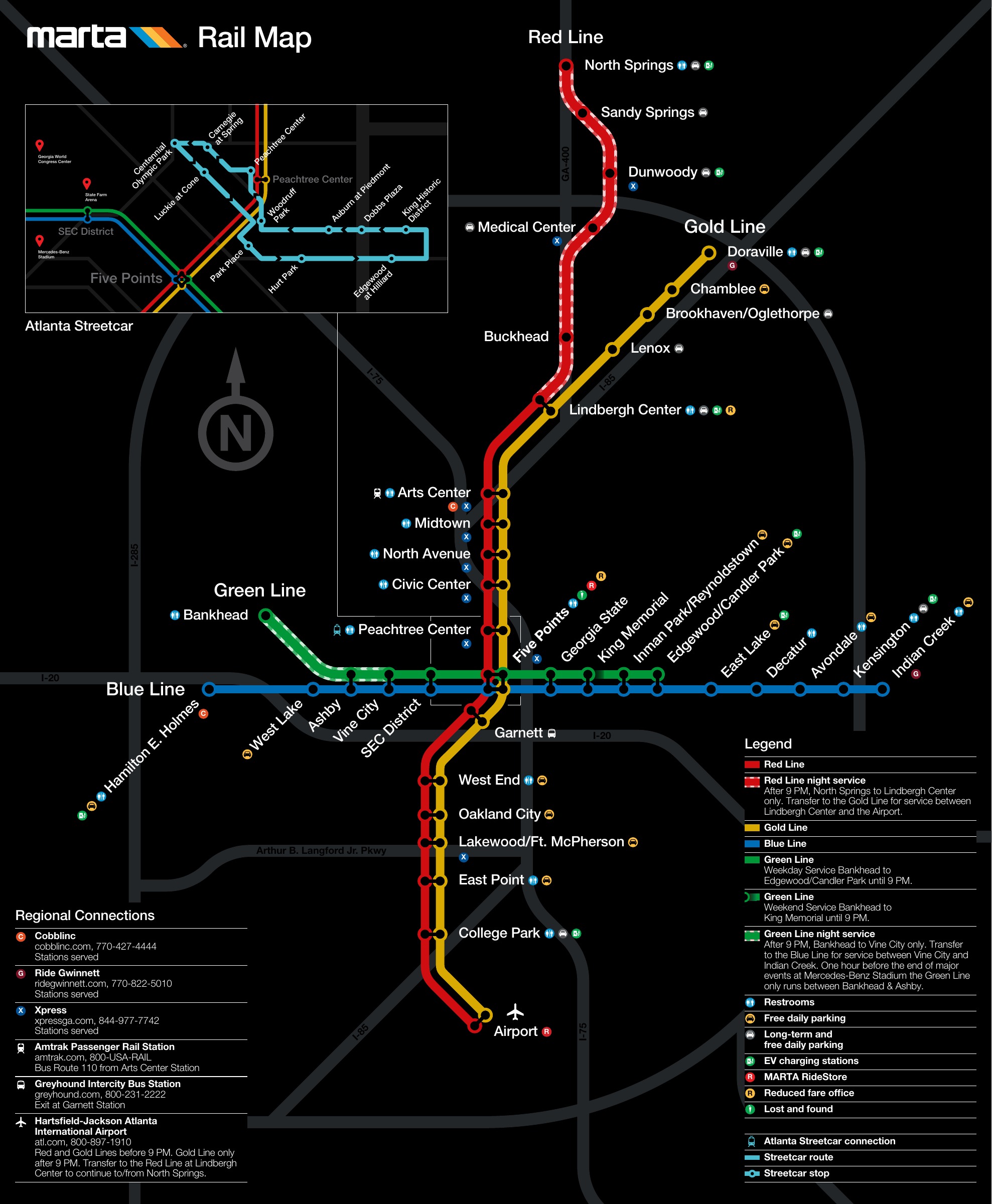 Official MARTA rail system map, showing the Red, Gold, Blue and Green lines and their stations