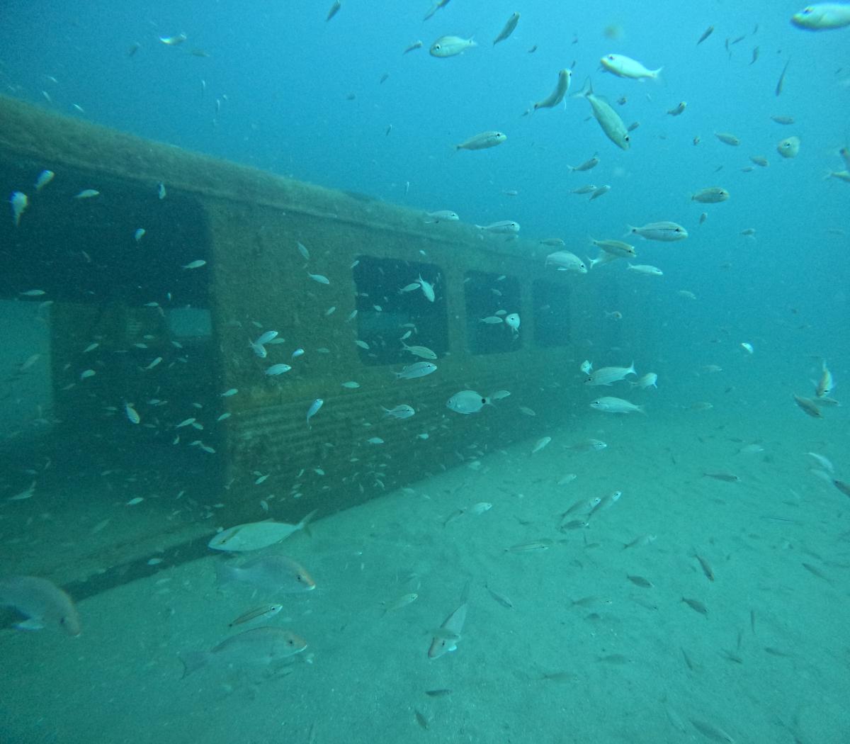 A retired railcar underwater